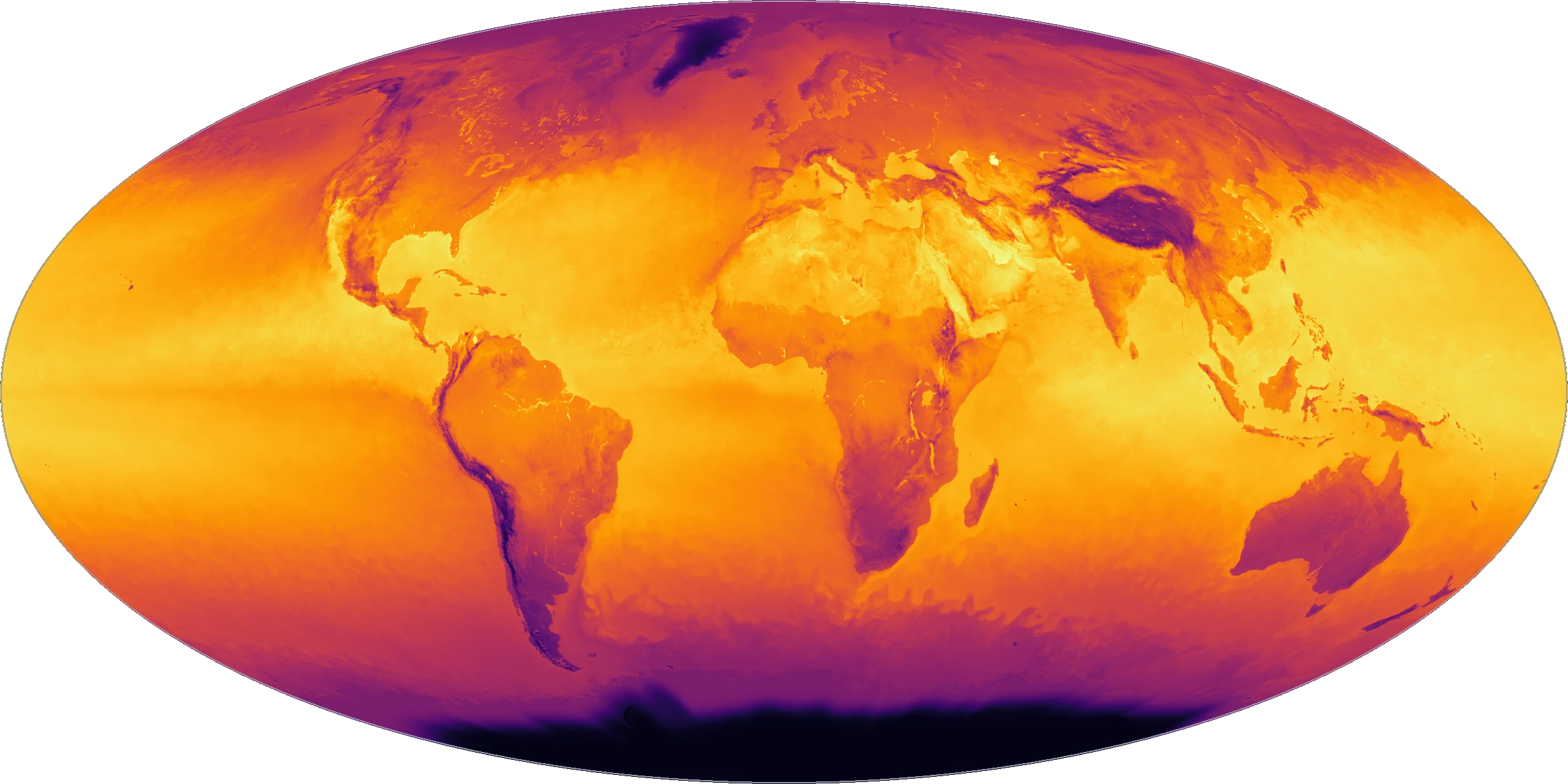 the Earth by its own heat: surface temperature in July from MODIS (NASA NEO), same Mollweide projection
