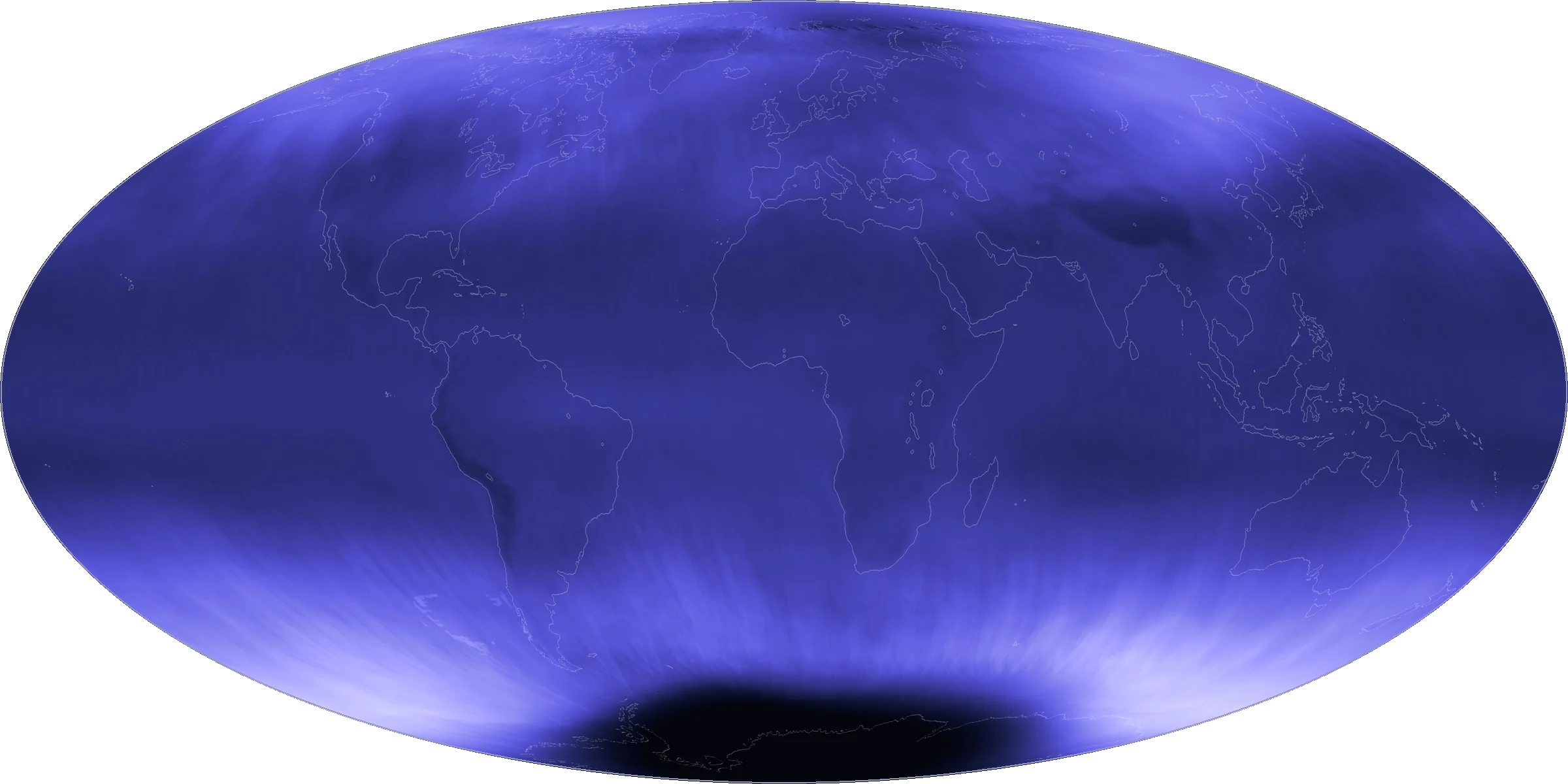 the Earth seen in backscattered ultraviolet: total ozone column, October 2024 (Aura/OMI via NASA NEO), same Mollweide projection