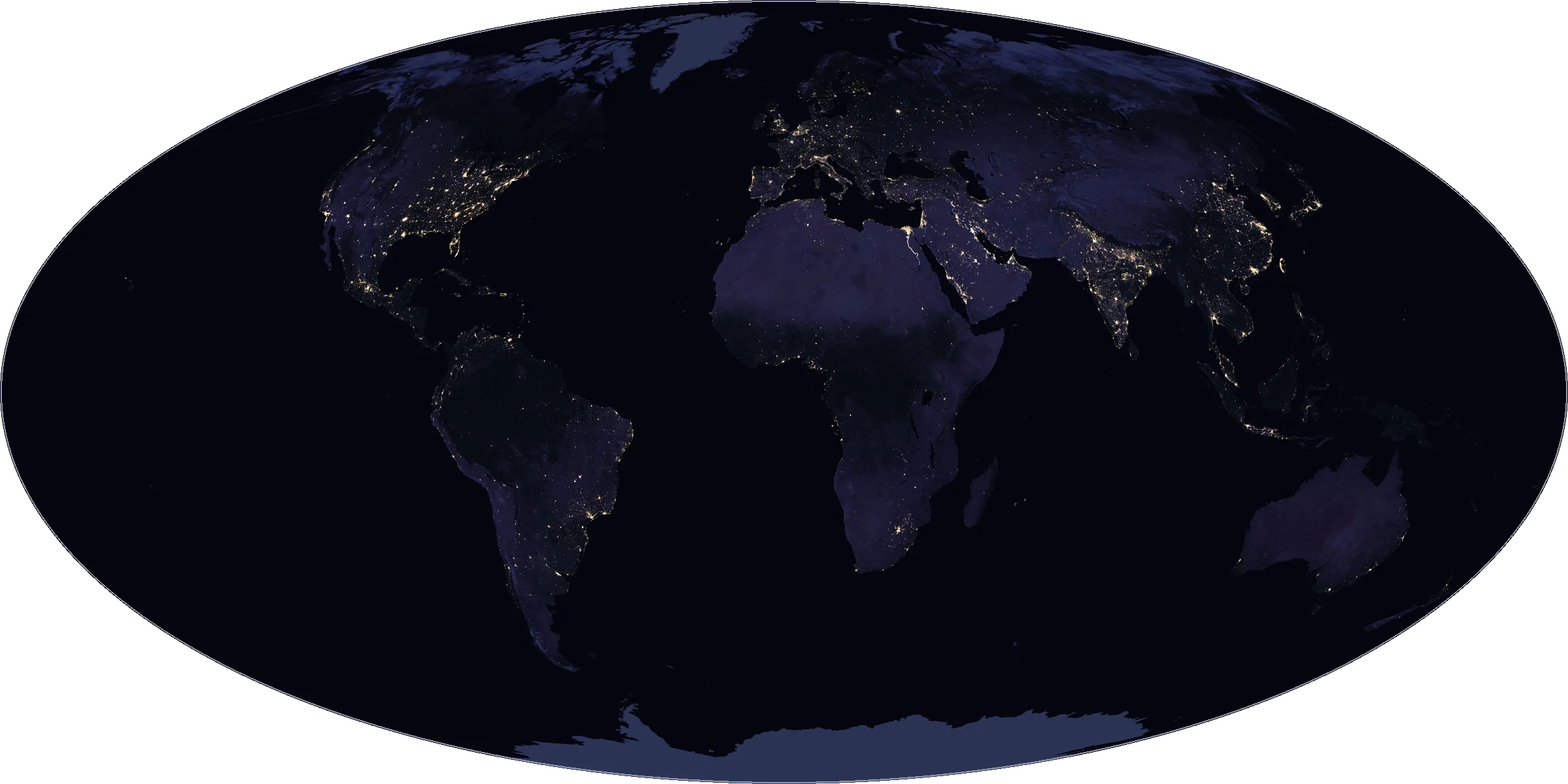 the Earth at night seen from space, in the same Mollweide projection (NASA Black Marble 2016)